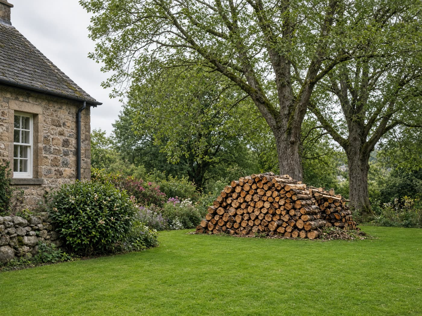 Swept lawn and stacked logs after tree work