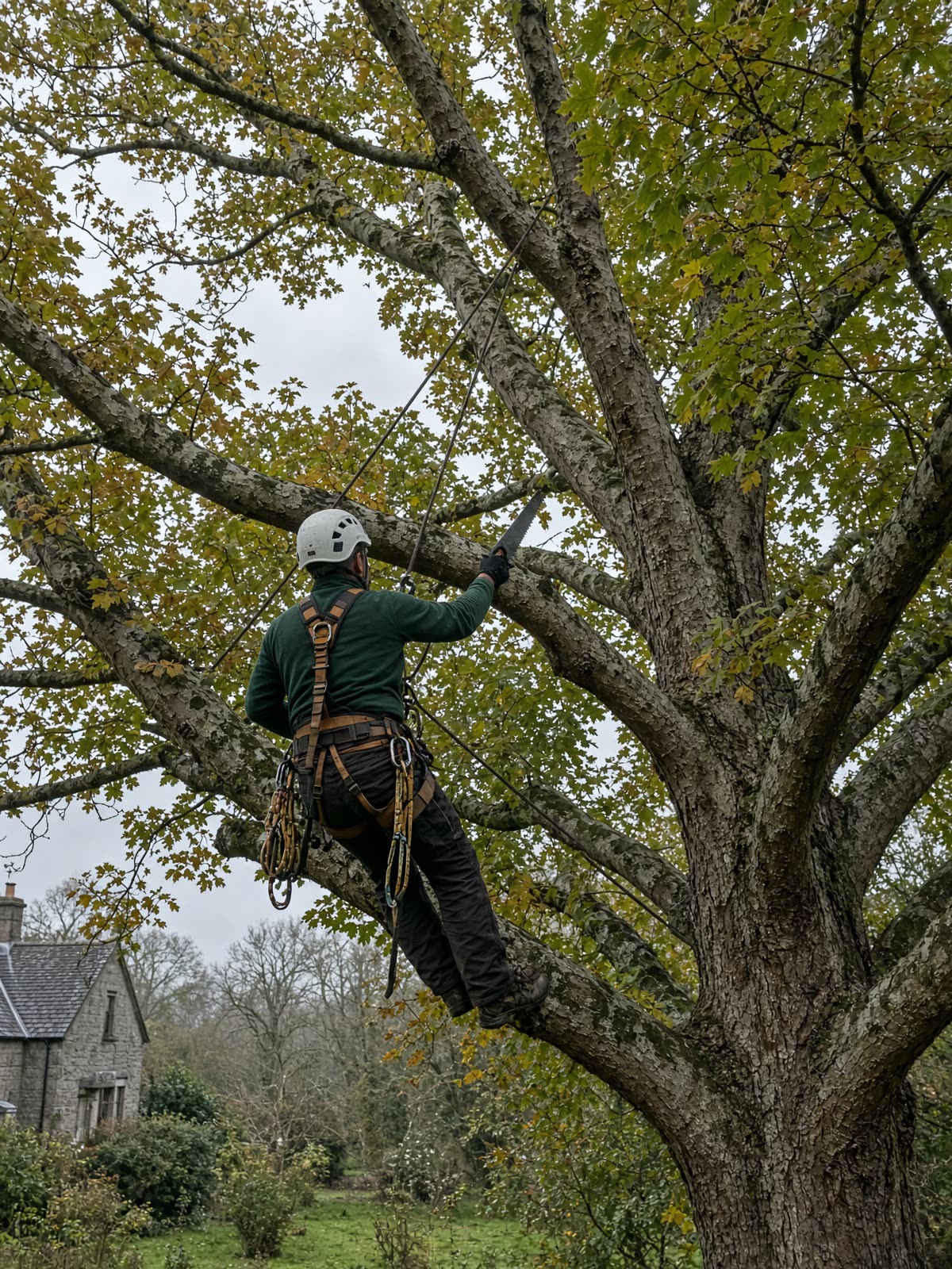 Arborist pruning a high branch from a climbing rope