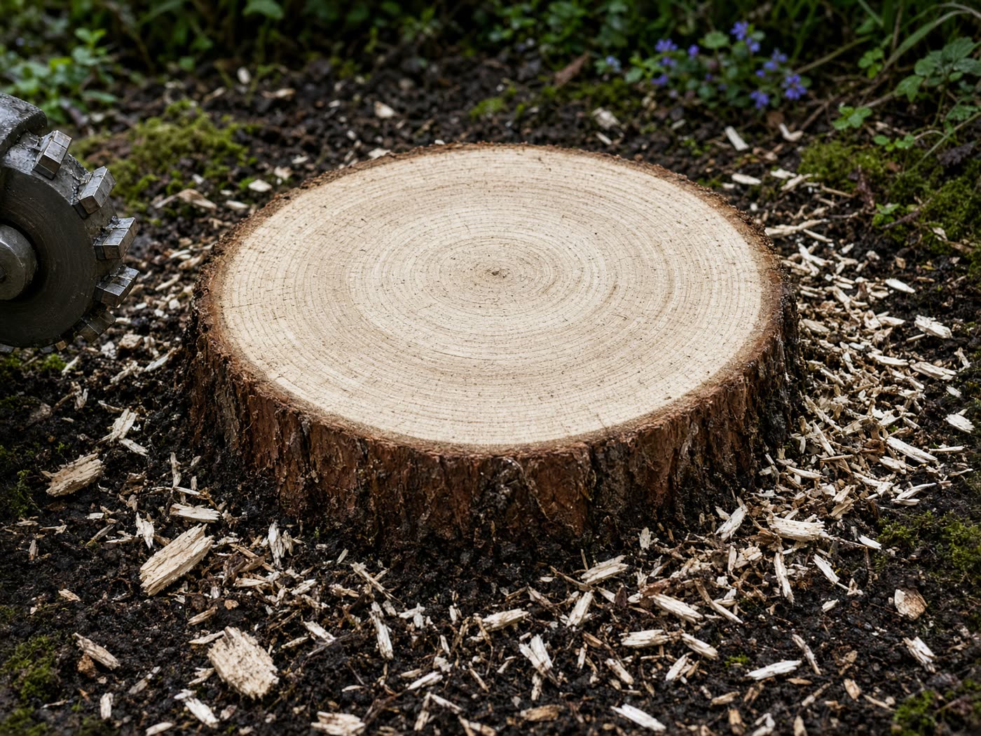 Freshly cut tree stump and wood chips